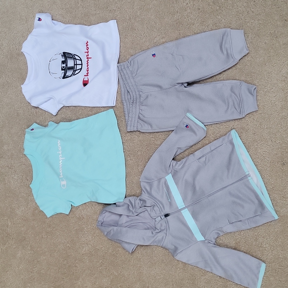 4 piece BABY 18M Champion set 2 shirts, pants & hoodie New wot gray/ baby blue